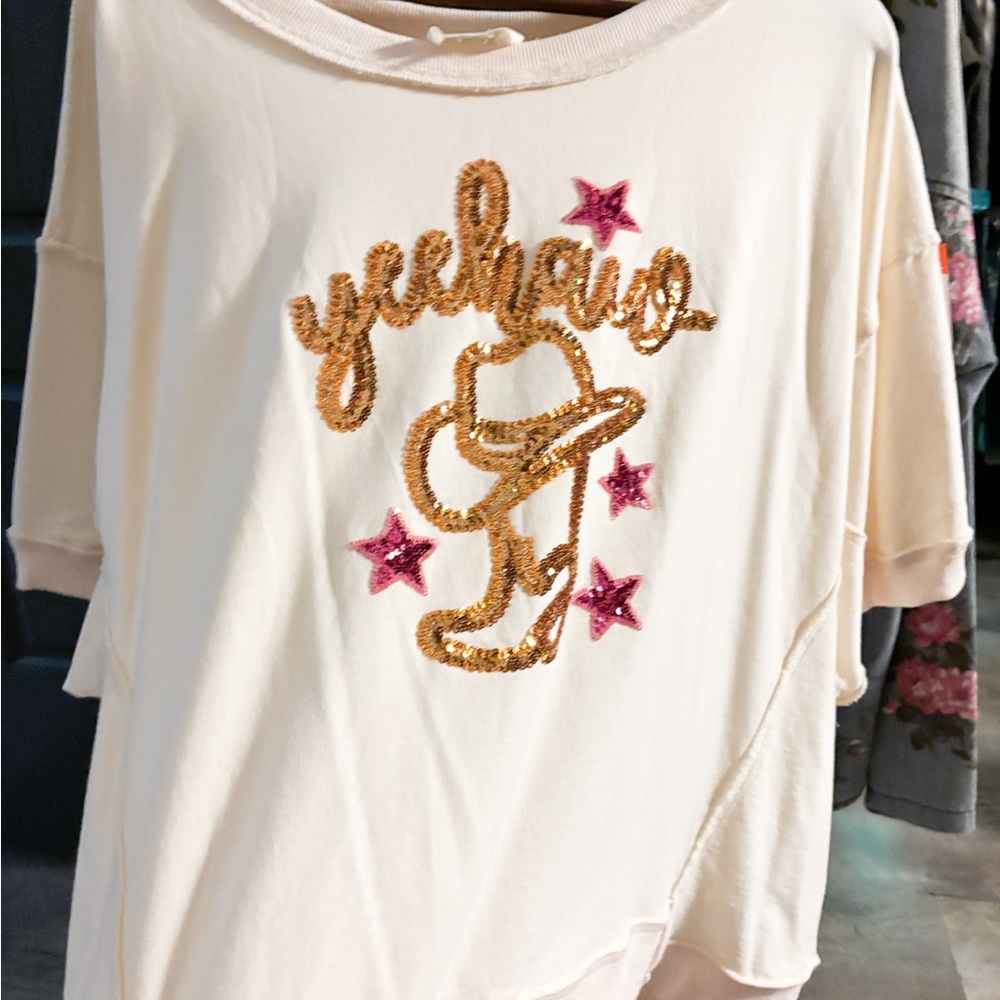 Fantastic Fawn Cream Tee with Gold Sequin Cowboy and Pink Stars